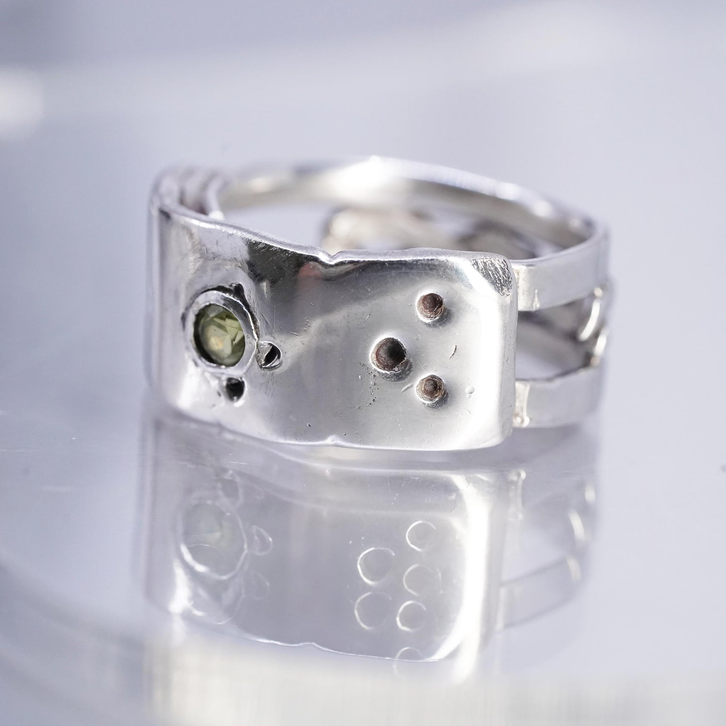 size 10.5, Vintage Sterling Silver Handmade Ring, 925 statement Band w/ peridot