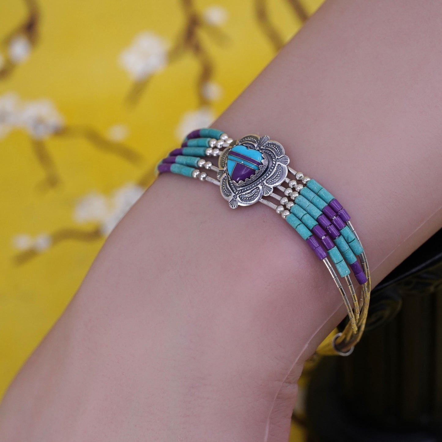 6.75”, 925 bracelet, 5 multi strands liquid Silver chain with turquoise heart