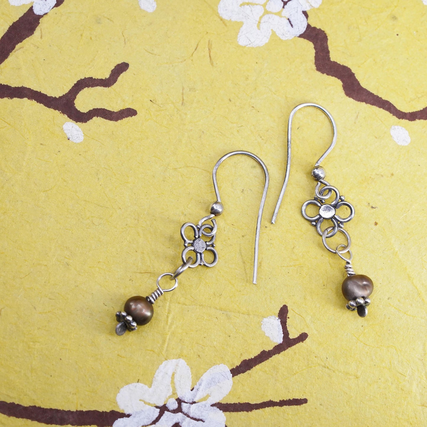 Vintage Sterling 925 silver handmade earrings with pearl and flower dangles