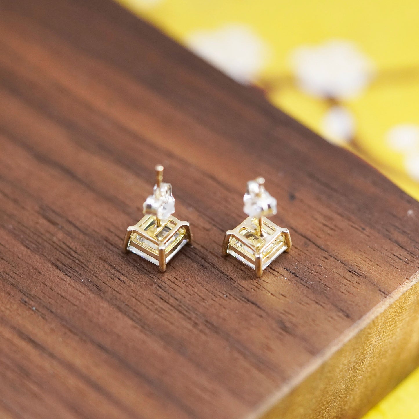 6mm, Vintage vermeil gold over Sterling 925 silver square cz studs, earrings