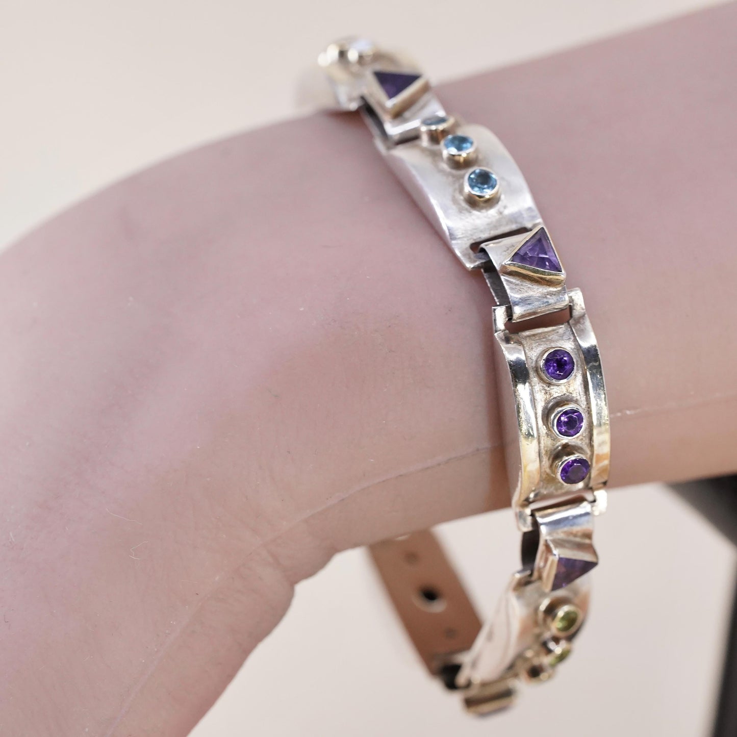 6.75” Sterling 925 Silver 14K Gold Multi Gemstone Bracelet Amethyst Topaz Pearl