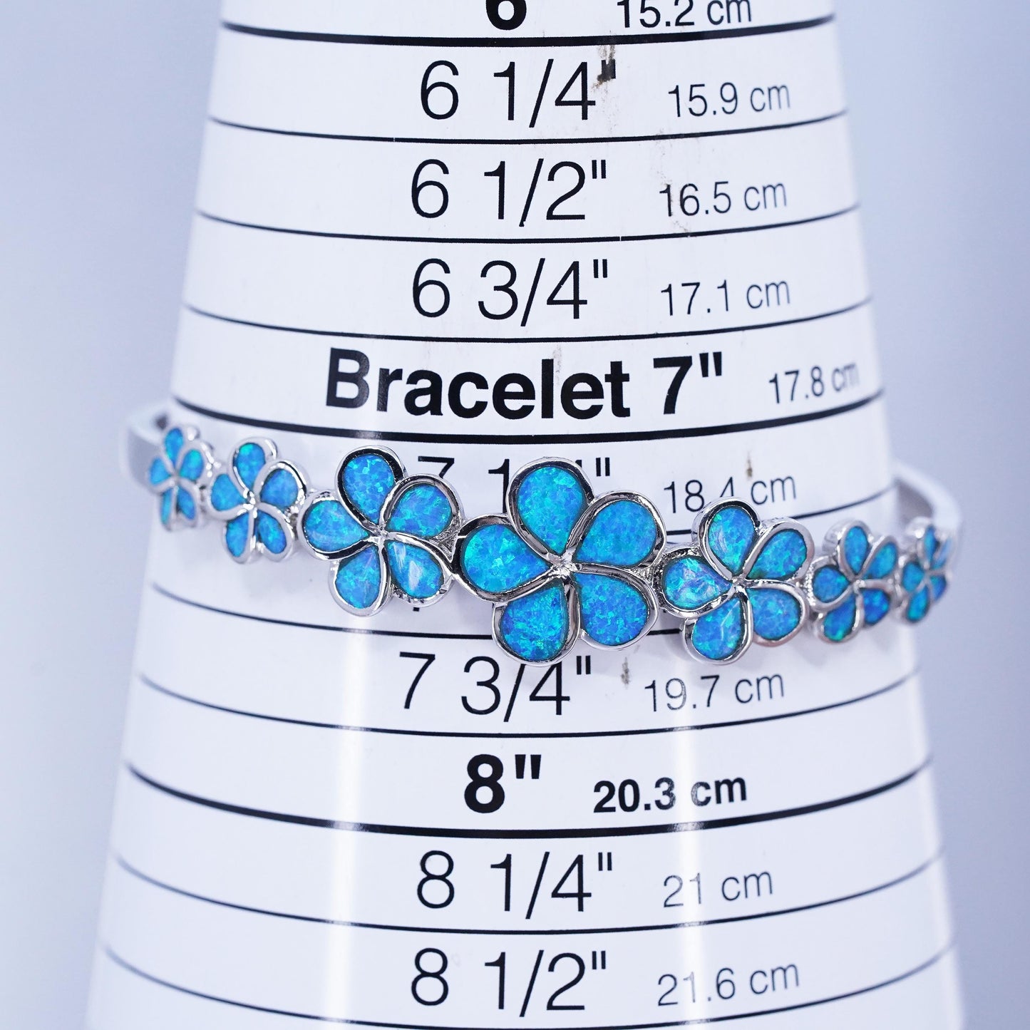 7.5”, vintage Sterling 925 silver handmade plumeria bracelet, cuff blue opal