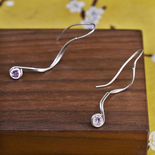 Vintage Sterling 925 silver wavy handmade earrings with pink crystal