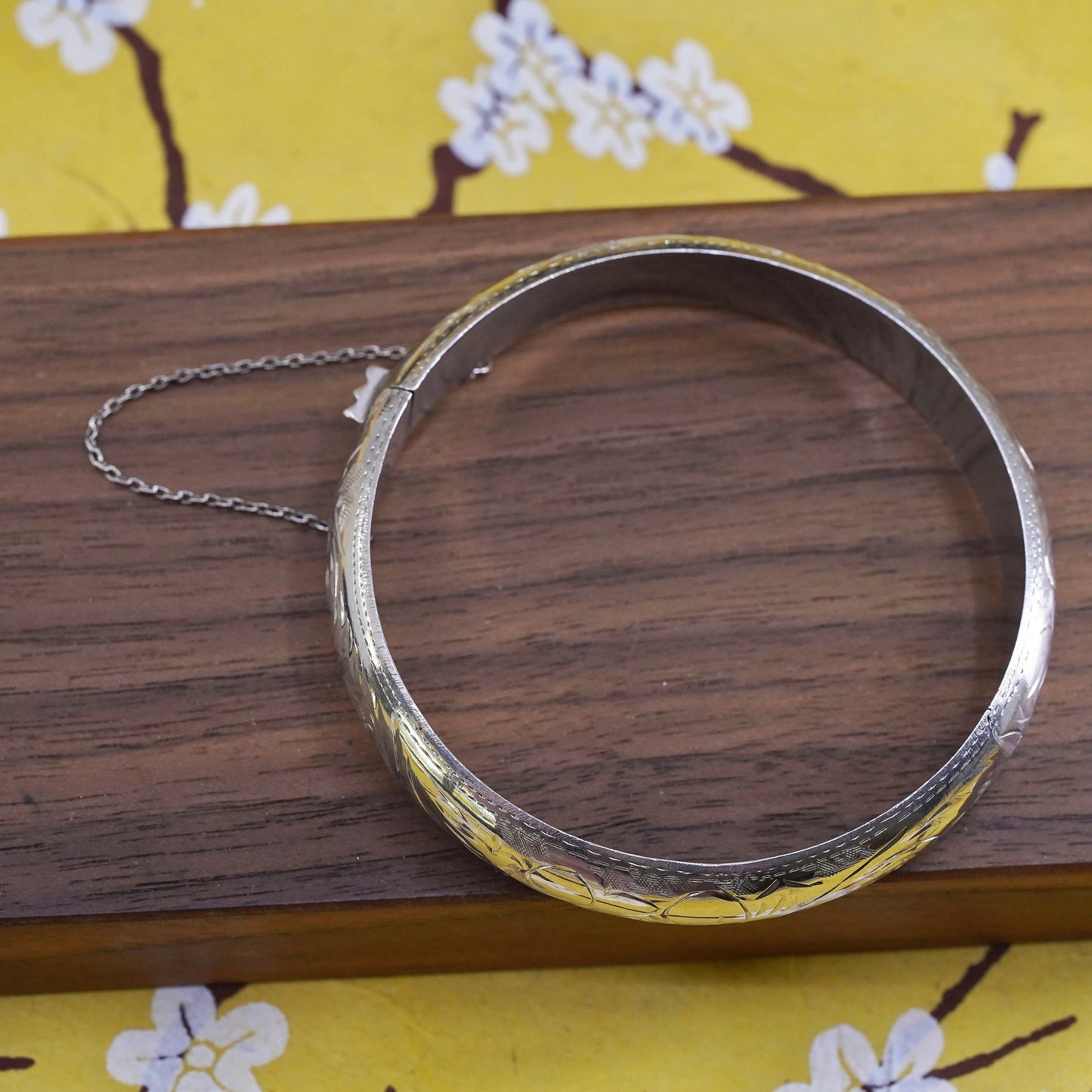 7.25”, Vintage Sterling silver handmade bracelet, 925 textured hinged bangle