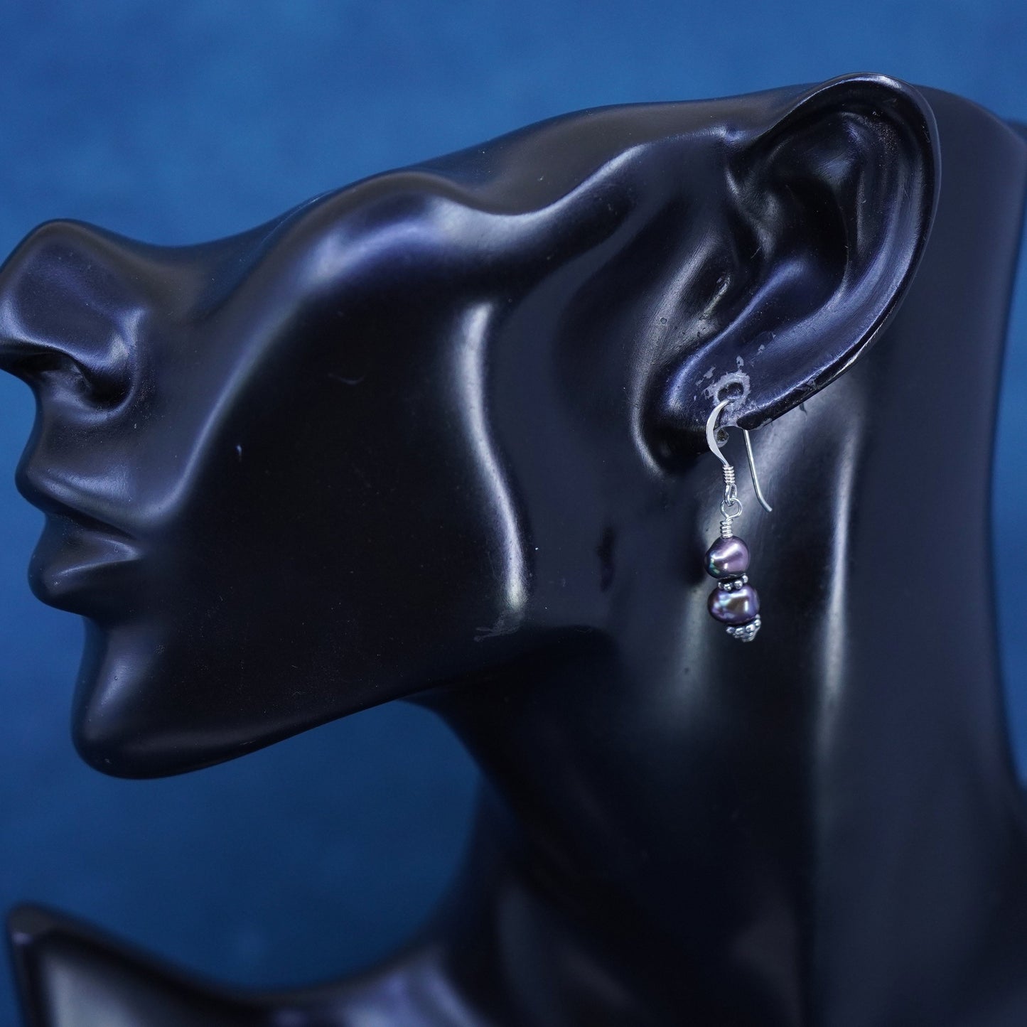 Vintage Sterling silver handmade earrings, 925 hooks with black pearl