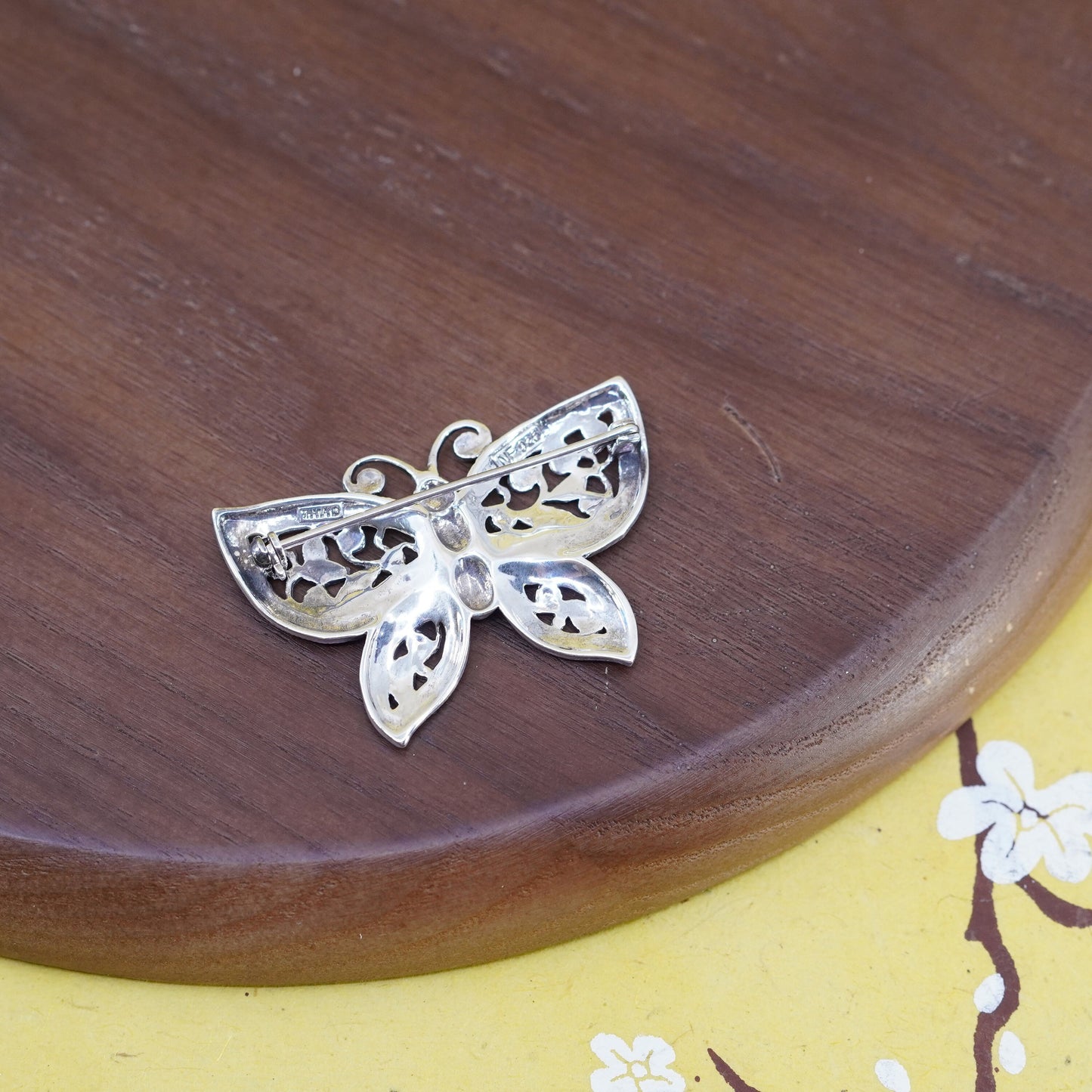 vtg antique Art Deco handmade sterling silver butterfly brooch with marcasite