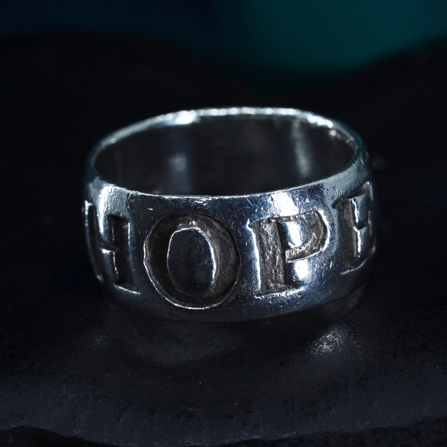 Size 4, vintage sterling silver handmade ring, solid 925 silver band w/ “Hope”