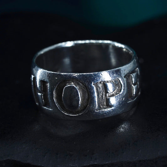 Size 4, vintage sterling silver handmade ring, solid 925 silver band w/ “Hope”