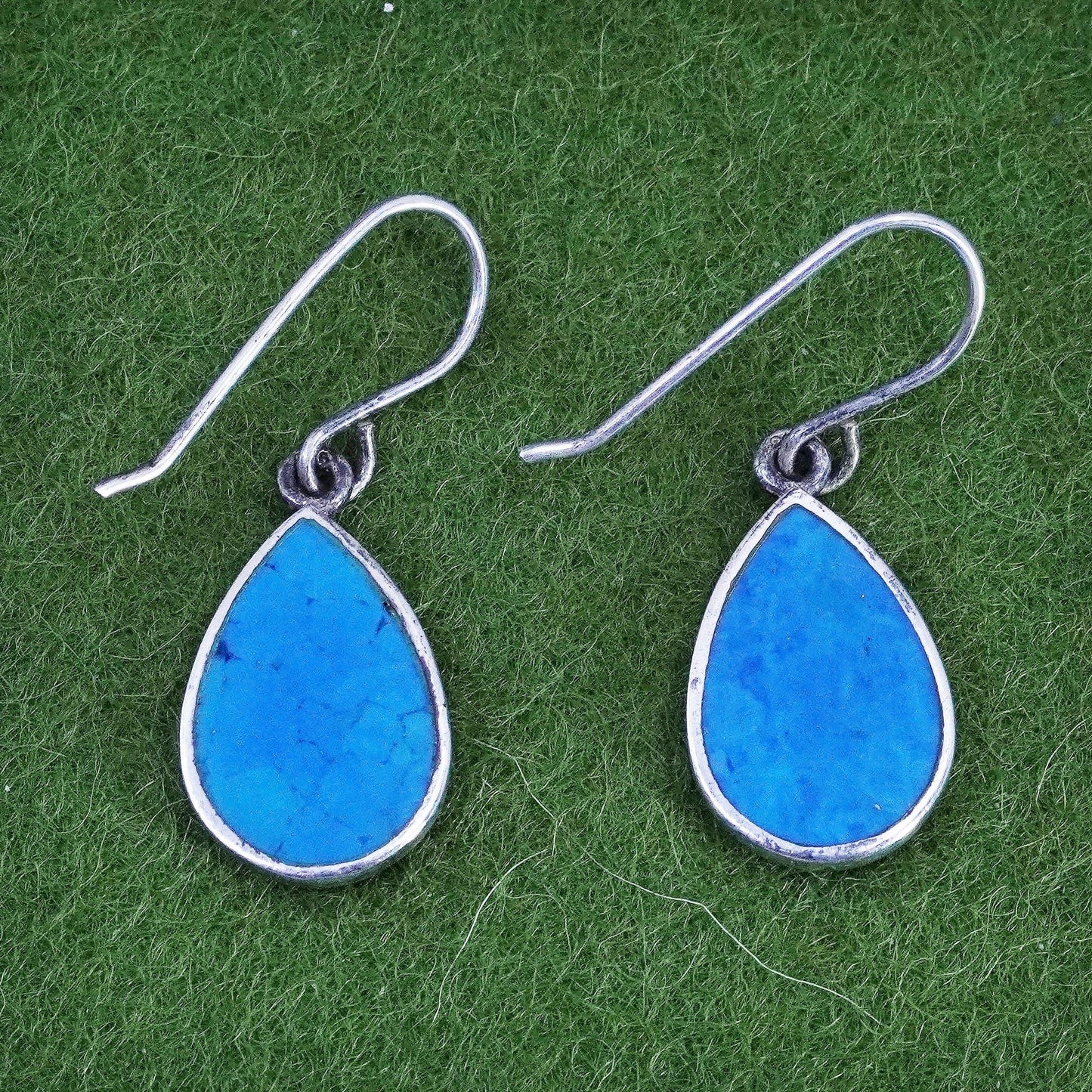 Vintage sterling 925 silver handmade teardrop earrings with blue turquoise
