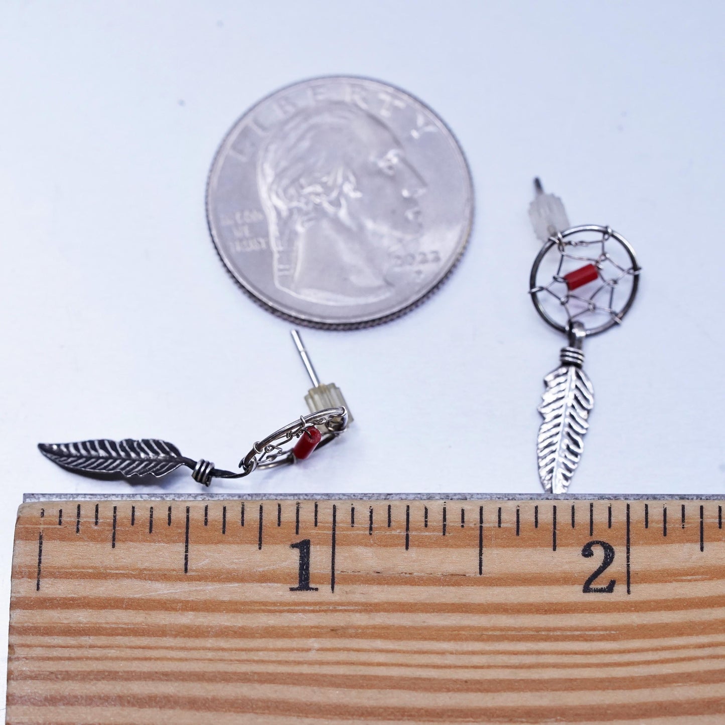 VTG Navajo Native American Sterling 925 silver earrings coral feather dangles