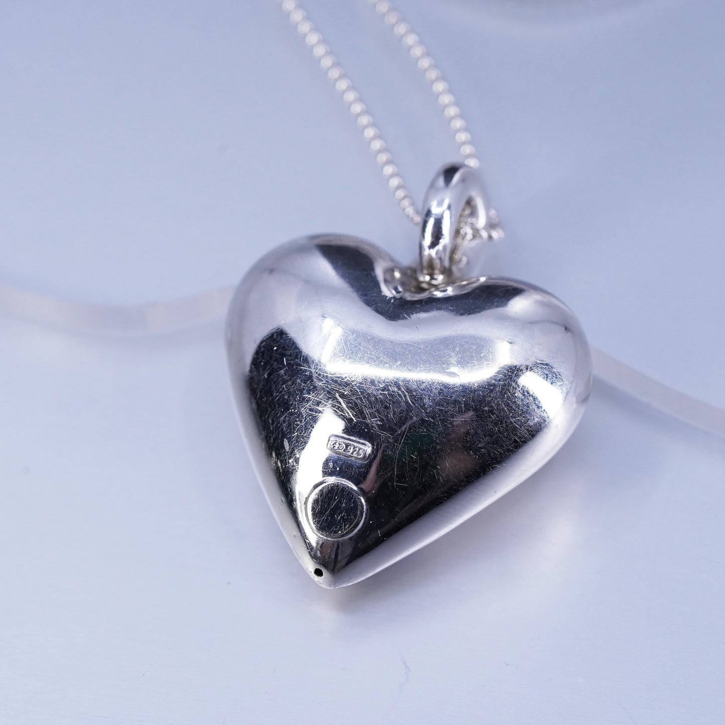 18”, vintage Sterling 925 silver handmade bead necklace w/ puffy heart pendant