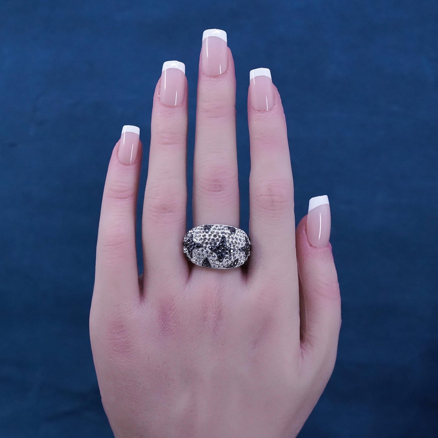 Size 8.25, two tone sterling silver star ring with cluster Cz, gift Christmas