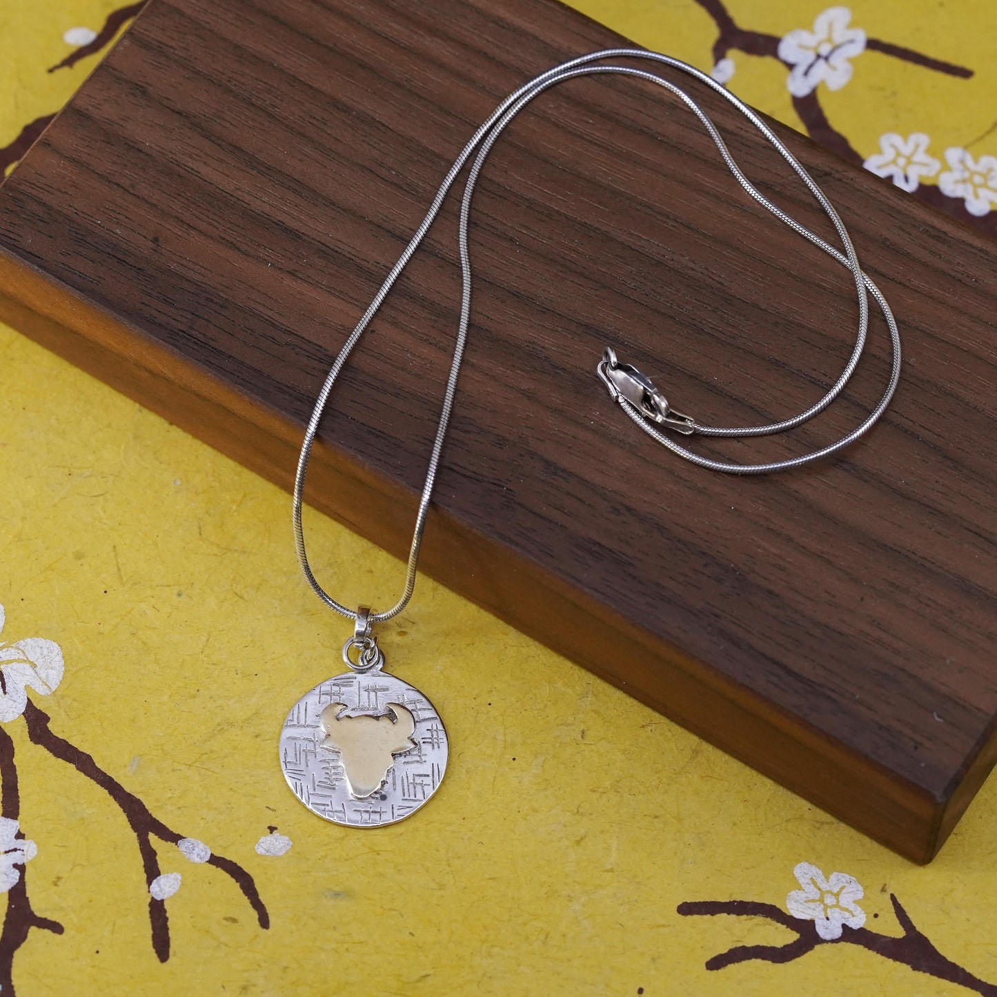 16", vintage two tone sterling 925 Silver snake chain necklace with ox pendant
