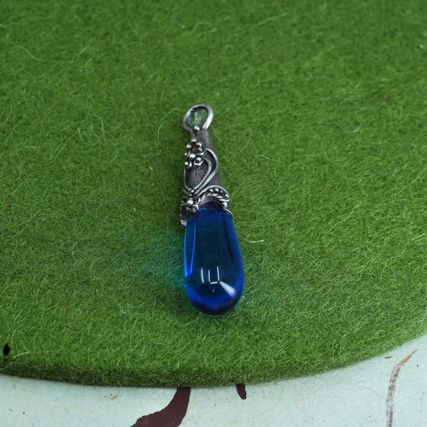 Vintage handmade Sterling 925 silver pendant with teardrop blue glass