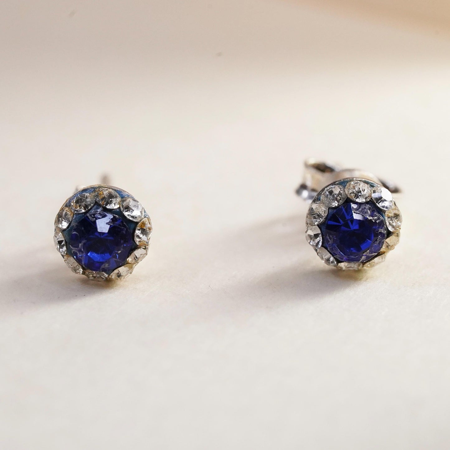 5mm, Vintage sterling 925 silver blue cz studs, minimalist earrings