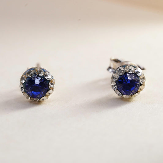 5mm, Vintage sterling 925 silver blue cz studs, minimalist earrings