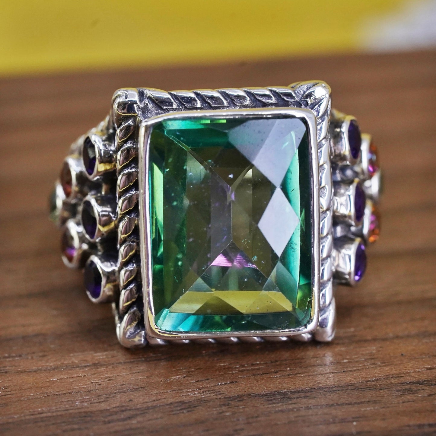 Size 10, Sterling 925 silver ring square peridot amethyst peridot citrine