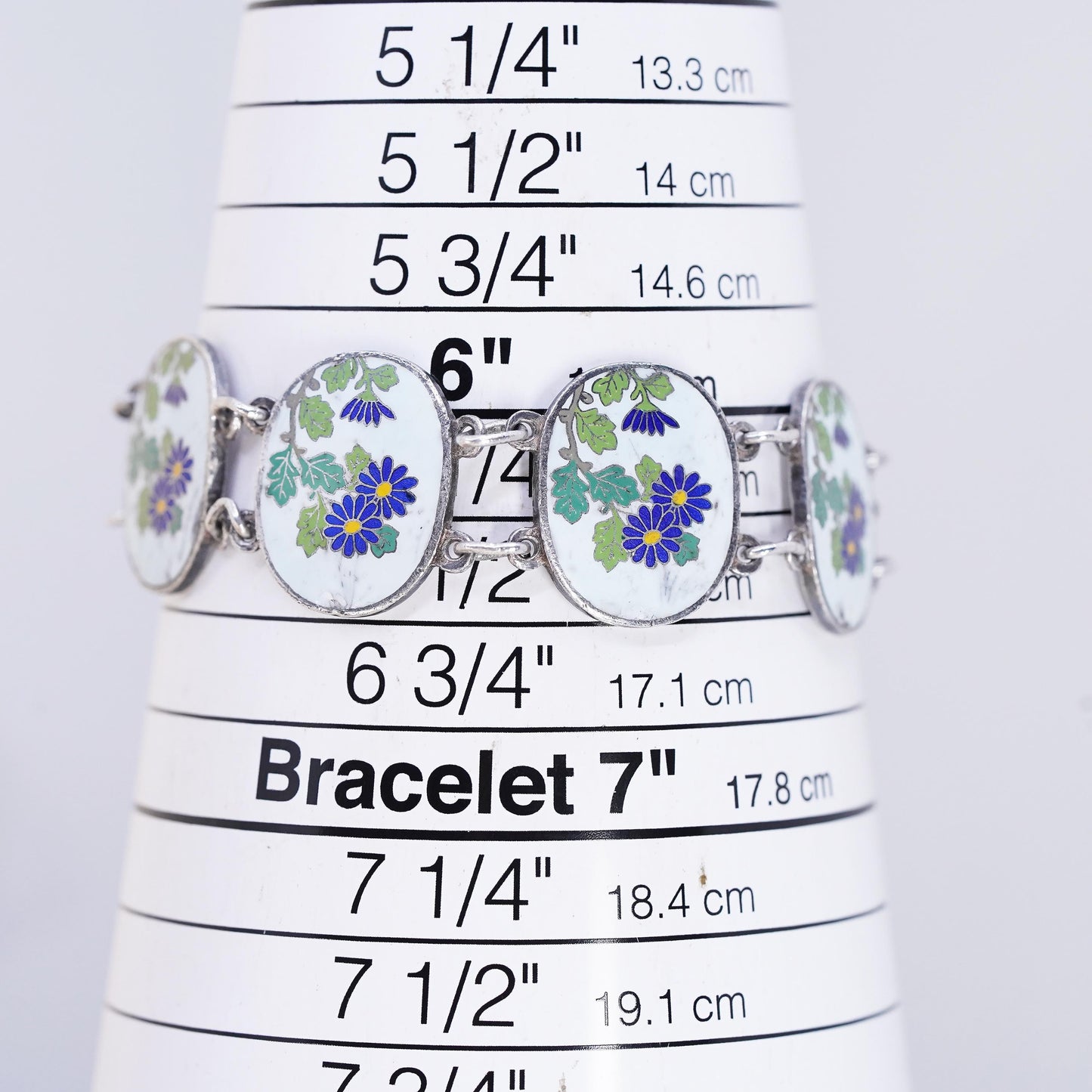 6.25”, Vintage handmade sterling 925 silver tennis bracelet with enamel flower