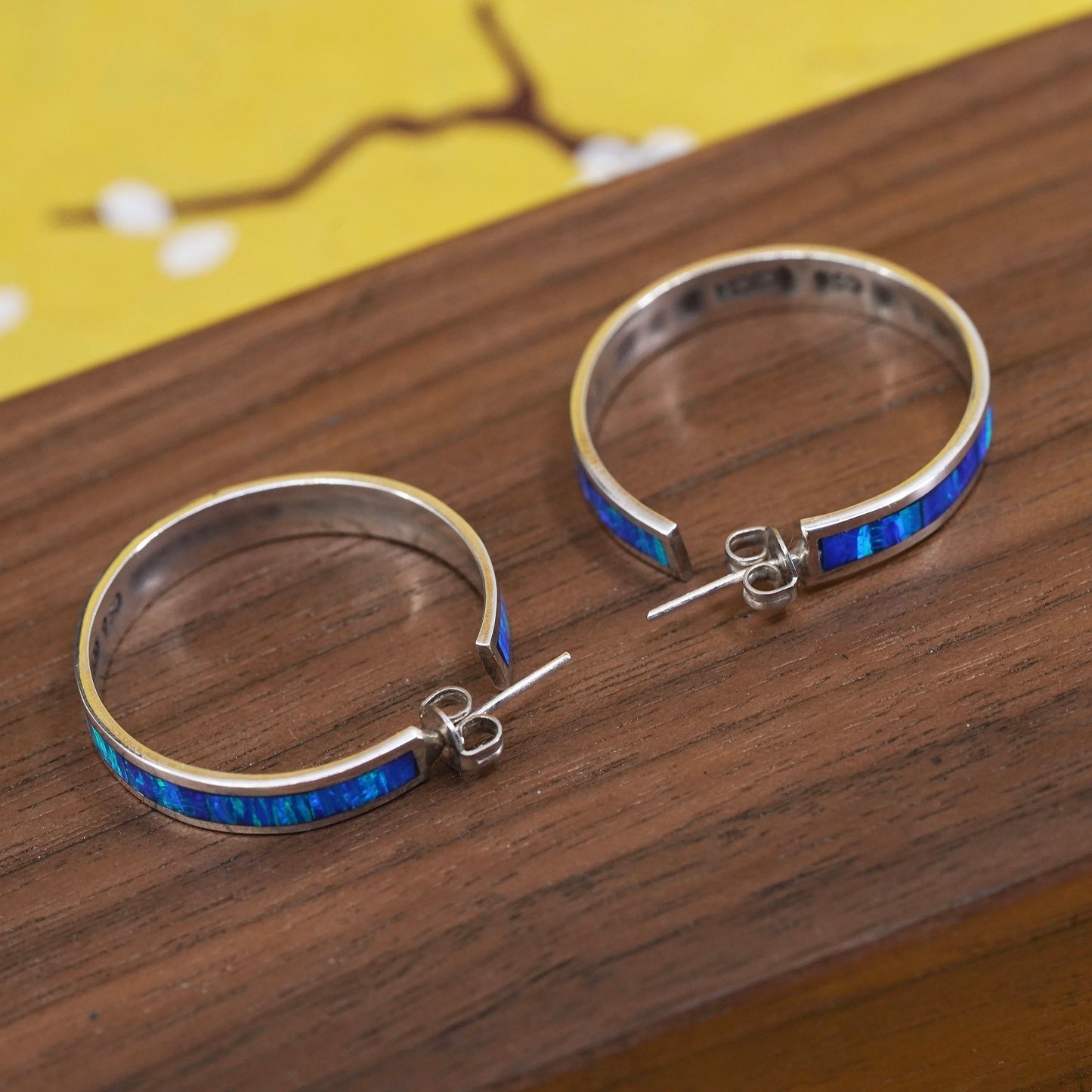 0.75", vintage Mexican Sterling silver huggie earrings, 950 hoops w/ blue opal