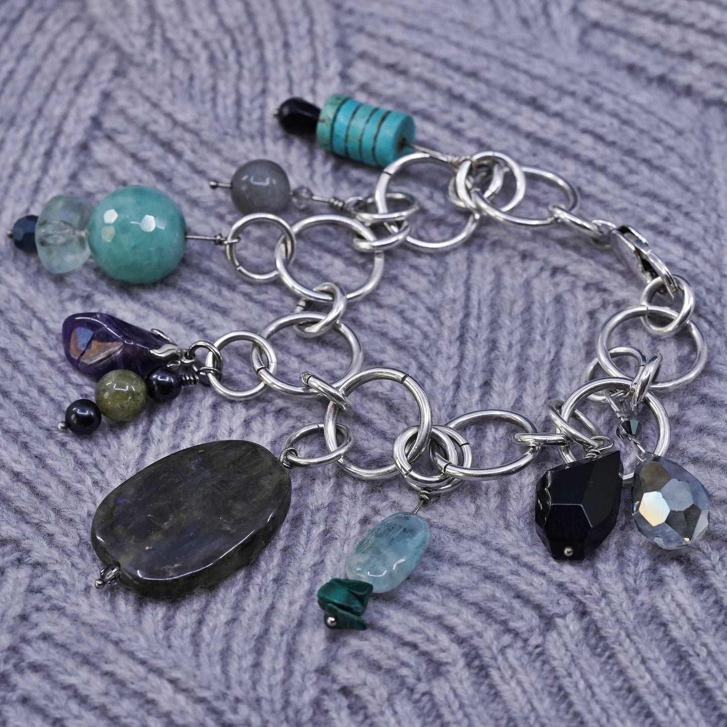 6.5", Sterling silver bracelet, 925 huge circle turquoise labradorite amethyst
