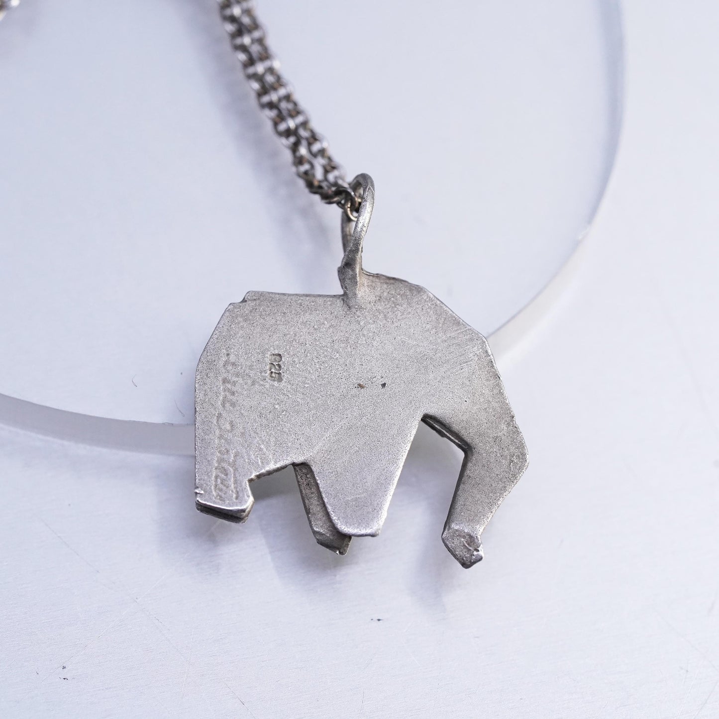 19", Vintage Sterling 925 silver circle necklace with origami elephant pendant