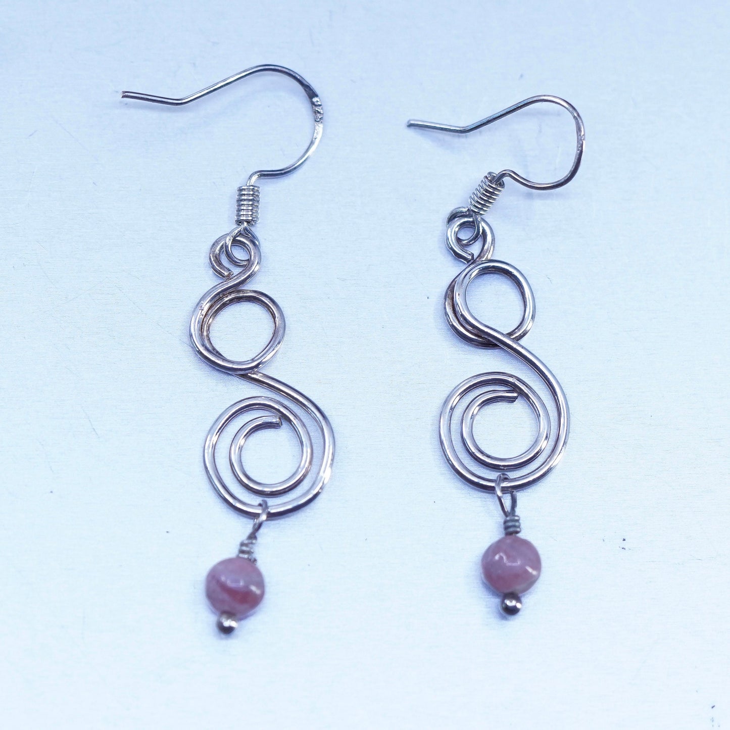 Vintage Sterling 925 silver spiral earrings with pink Rhodochrosite beads