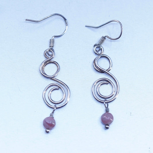 Vintage Sterling 925 silver spiral earrings with pink Rhodochrosite beads