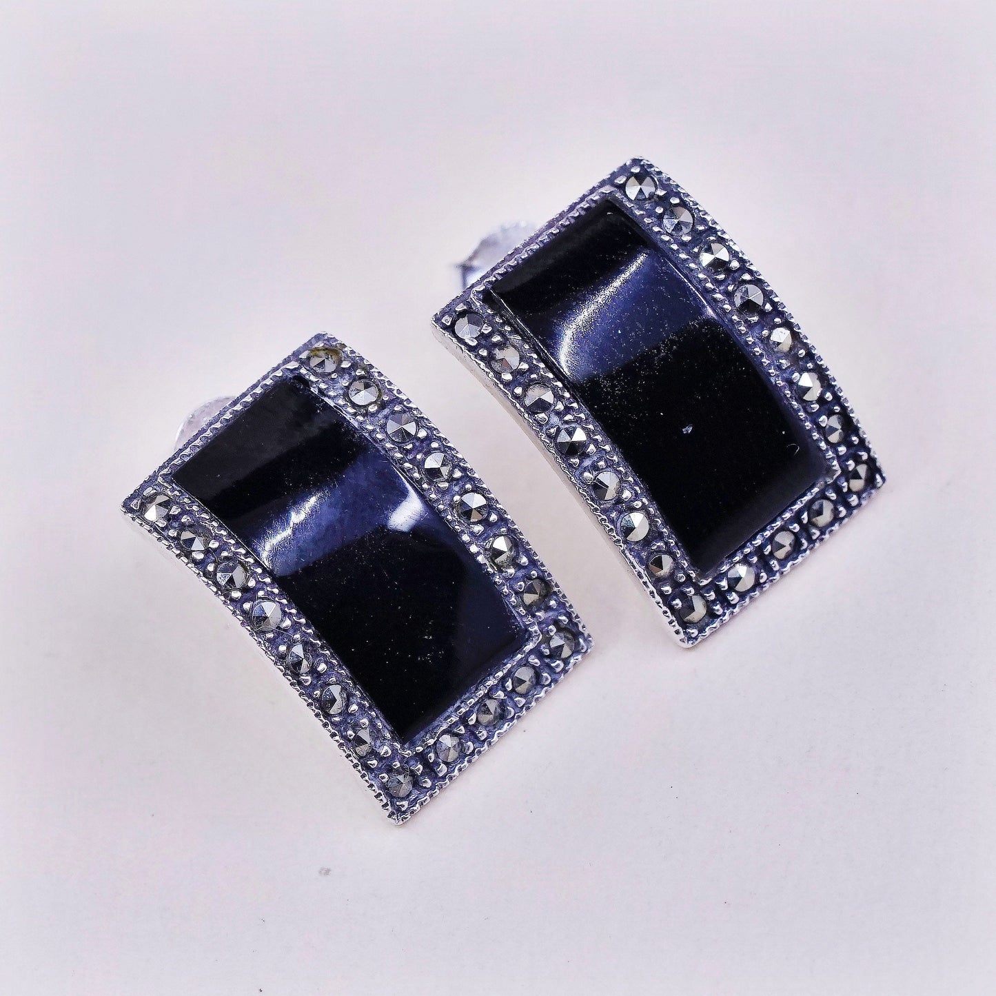 VTG Sterling silver handmade earrings, 925 stud w/ obsidian n marcasite