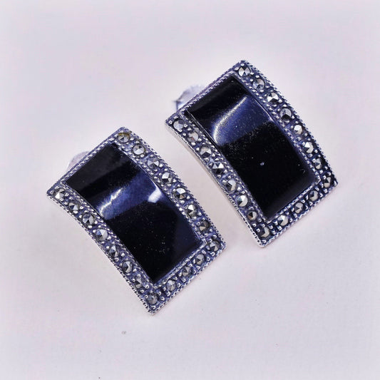 VTG Sterling silver handmade earrings, 925 stud w/ obsidian n marcasite