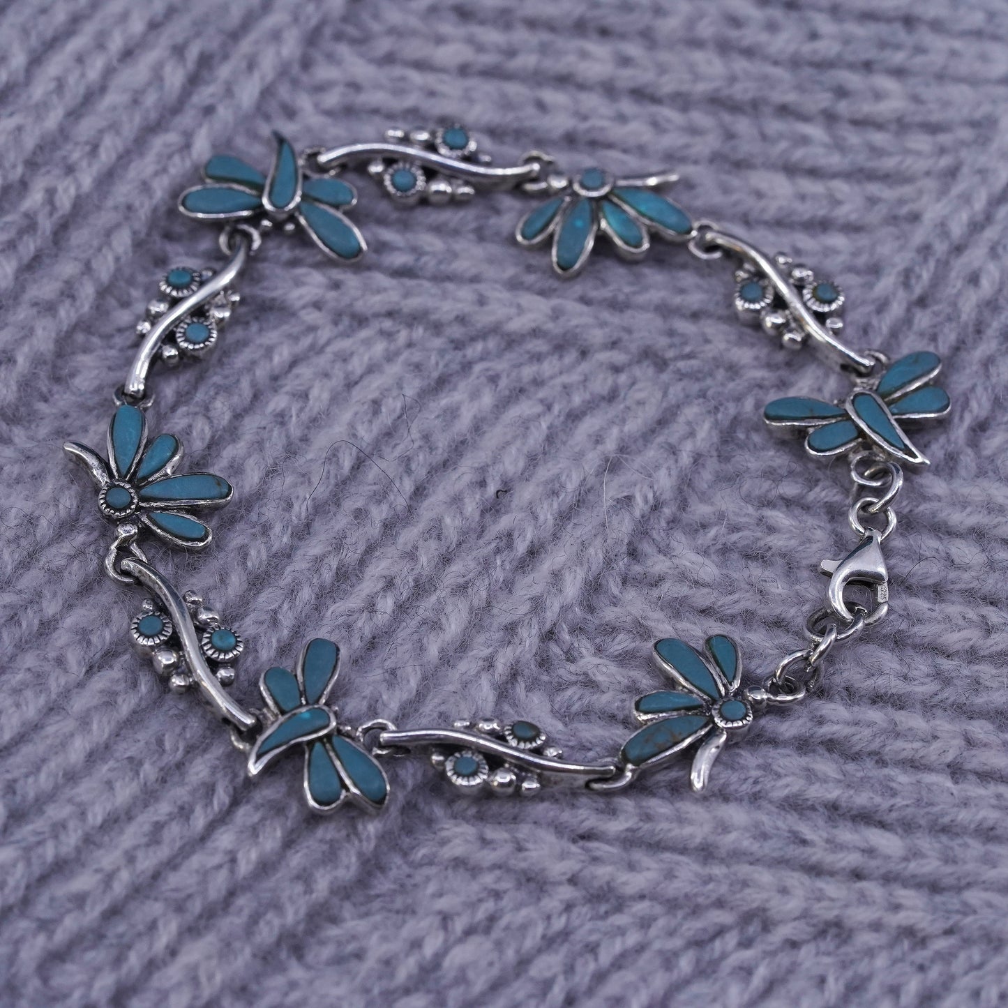 7”, vintage southwestern sterling 925 silver dragonfly bracelet with turquoise