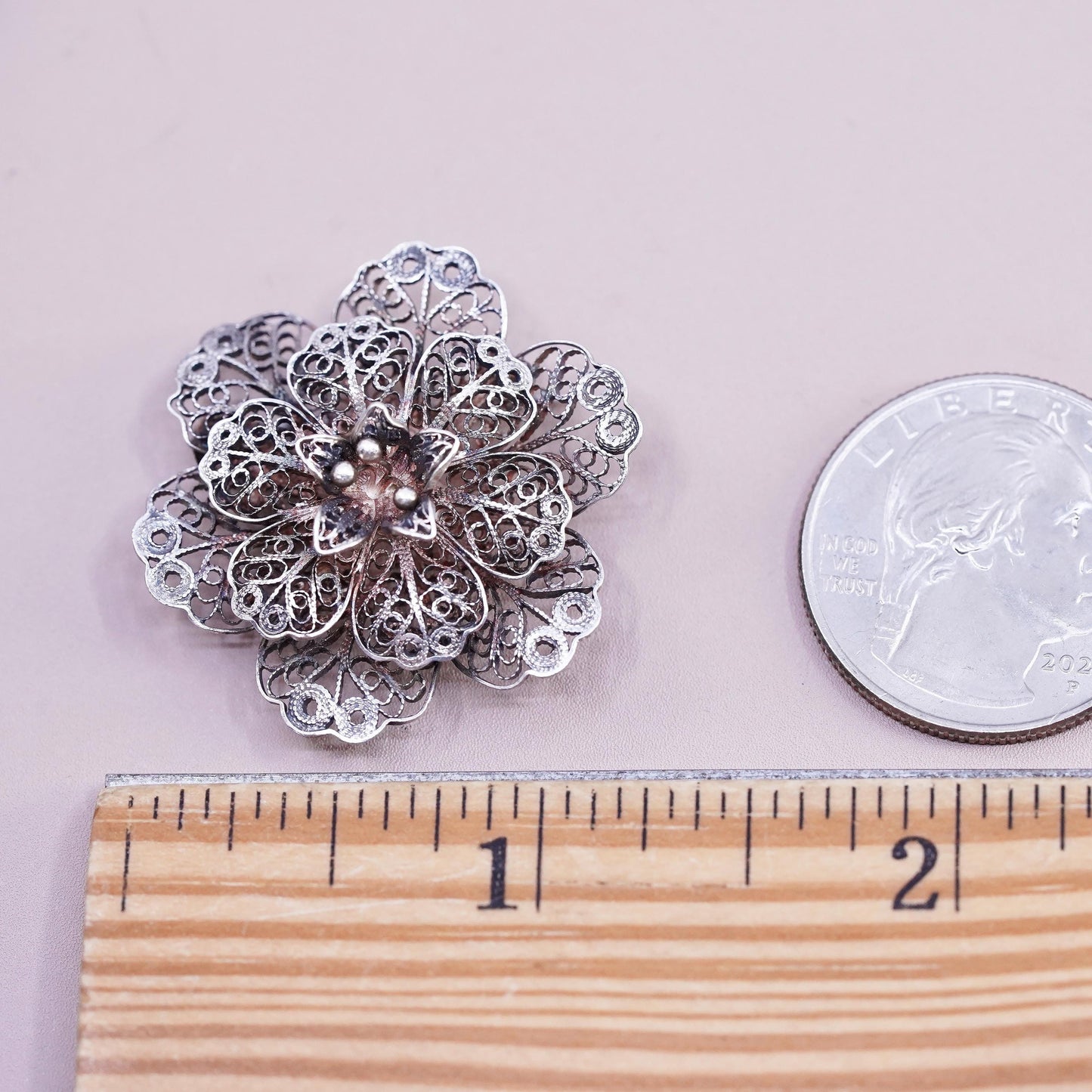 Vintage sterling silver handmade brooch, 925 filigree flower snowflake pin
