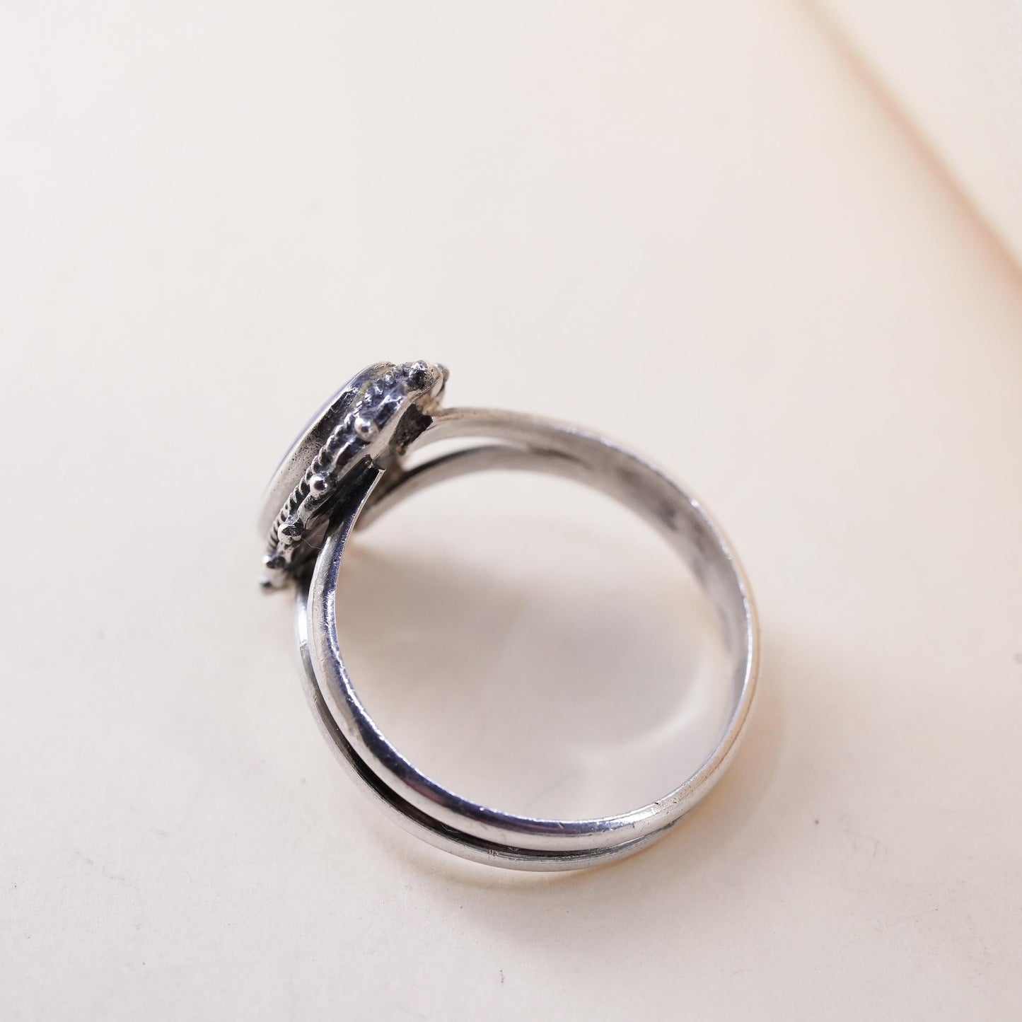 Size 9, vintage Boma 925 silver statement ring with oval Lapis lazuli and beads