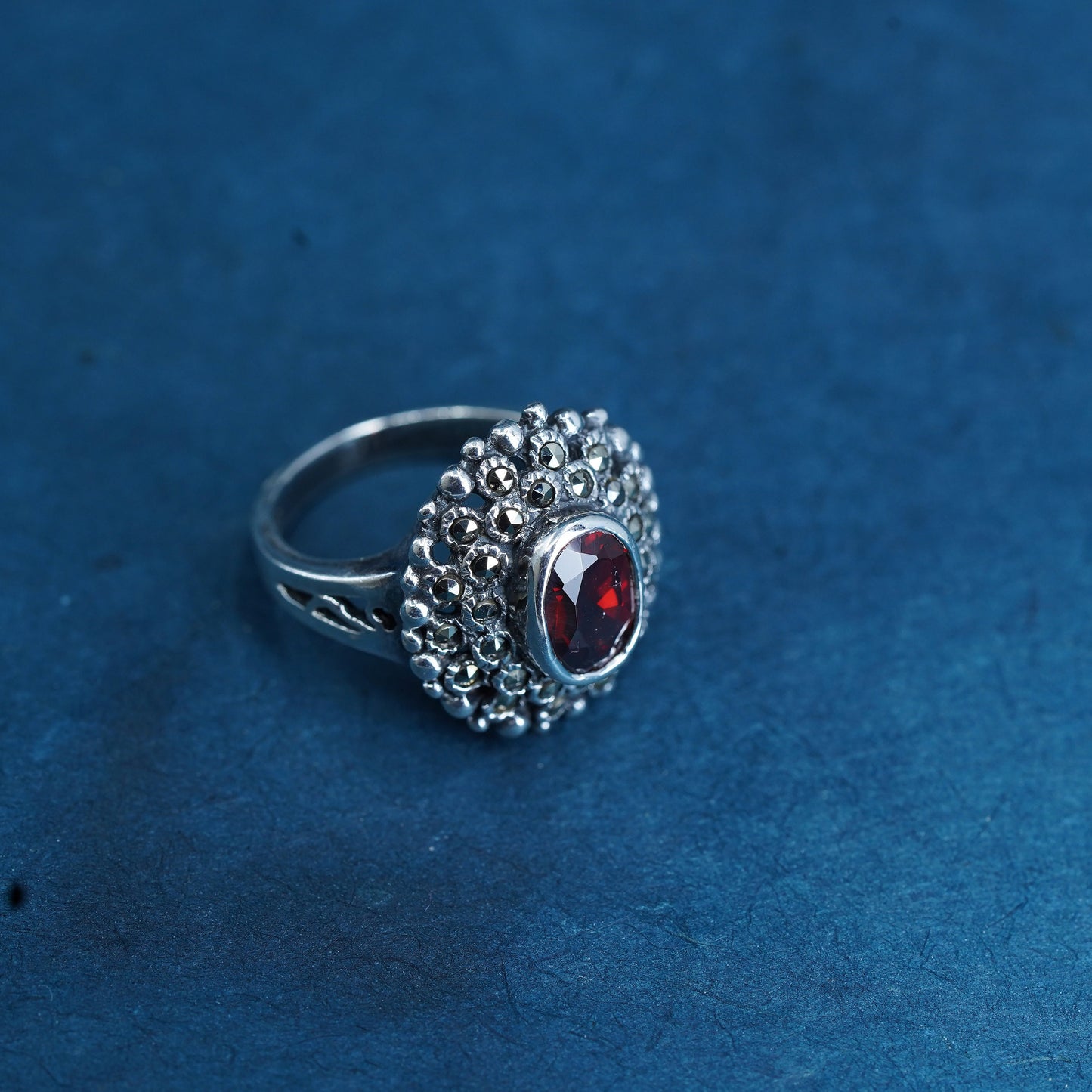 Size 4.5, Sterling silver handmade crown ring with ruby and cluster marcasite