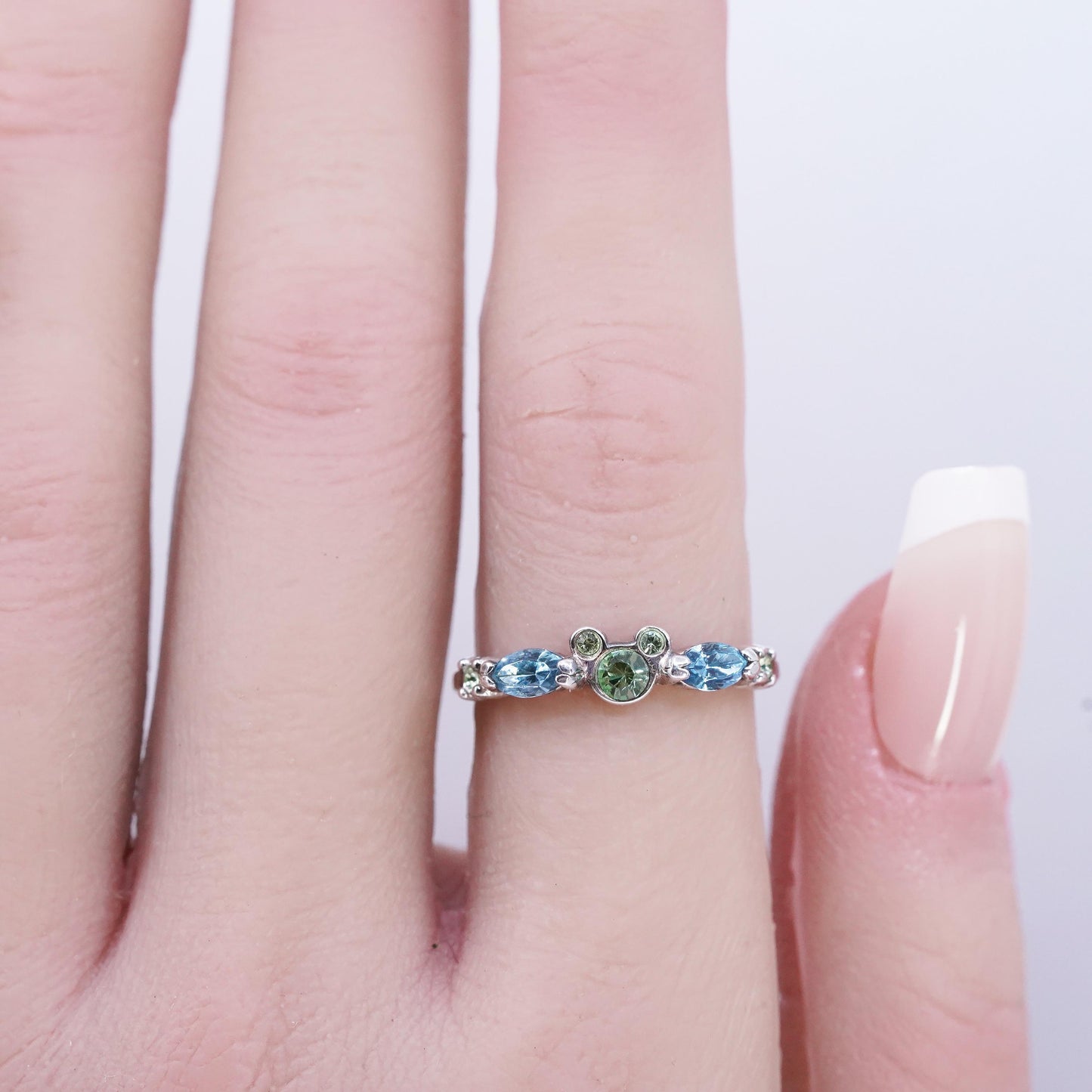 size 6.25, Disney Sterling Silver Ring 925 green blue crystal Mickey Mouse band