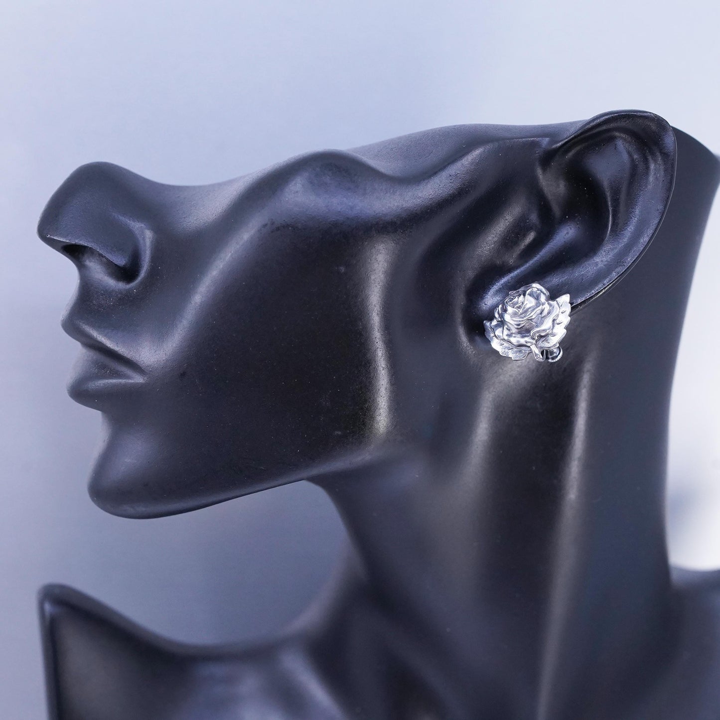 Vintage Sterling 925 silver handmade earrings, flower rose screw back flower