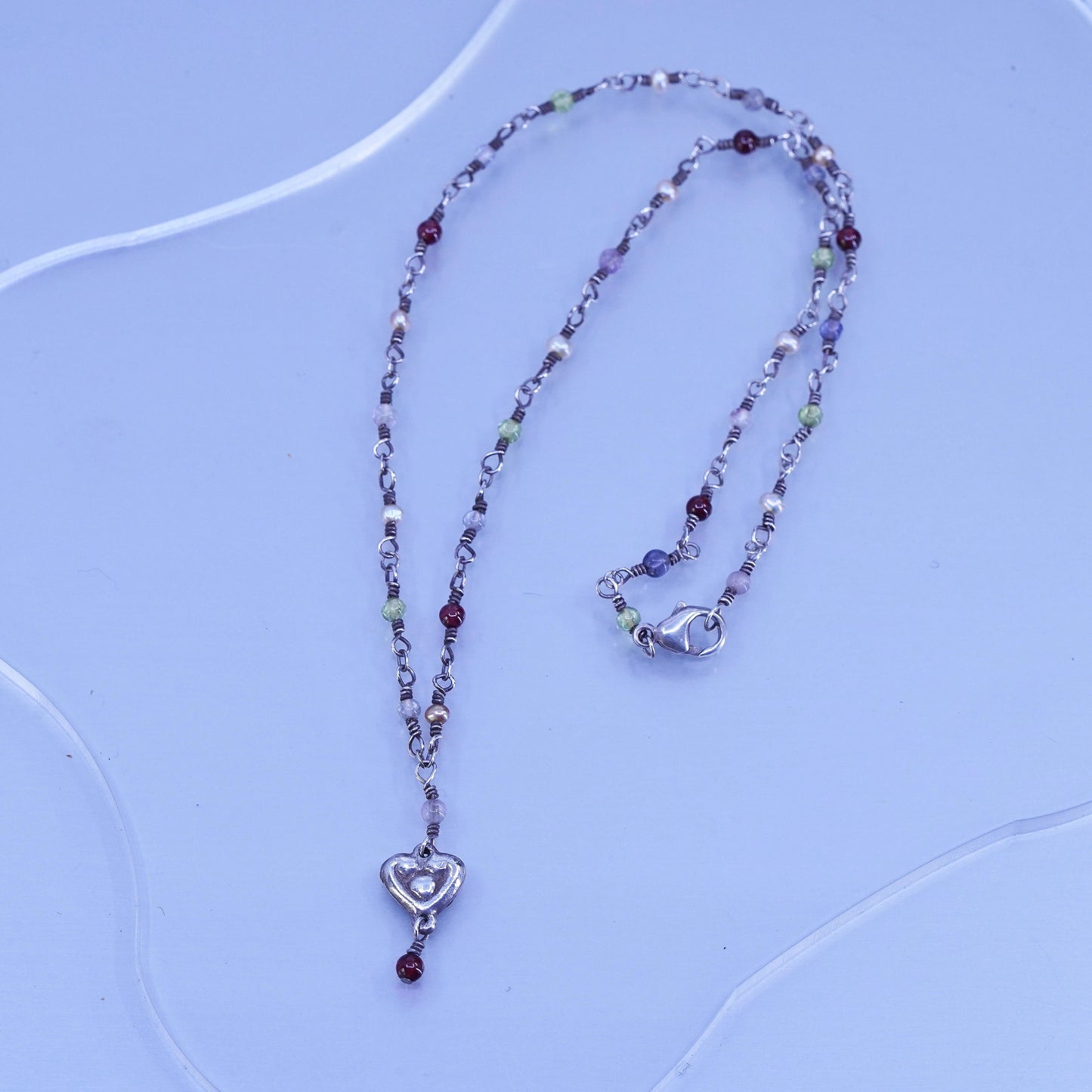 16”, Sterling 925 silver handmade necklace w/ pearl garnet beads heart pendant