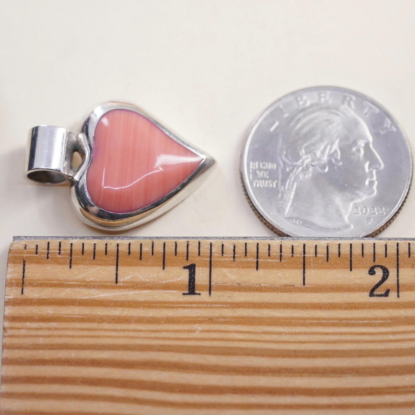 vintage handmade sterling silver heart pendant, Mexican ATI 925 with pink agate