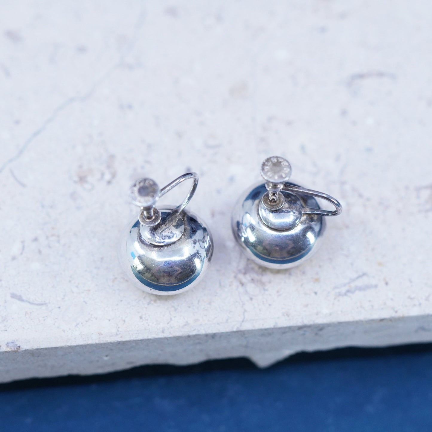 Vintage Sterling silver handmade earrings, high polished 925 Button screw back