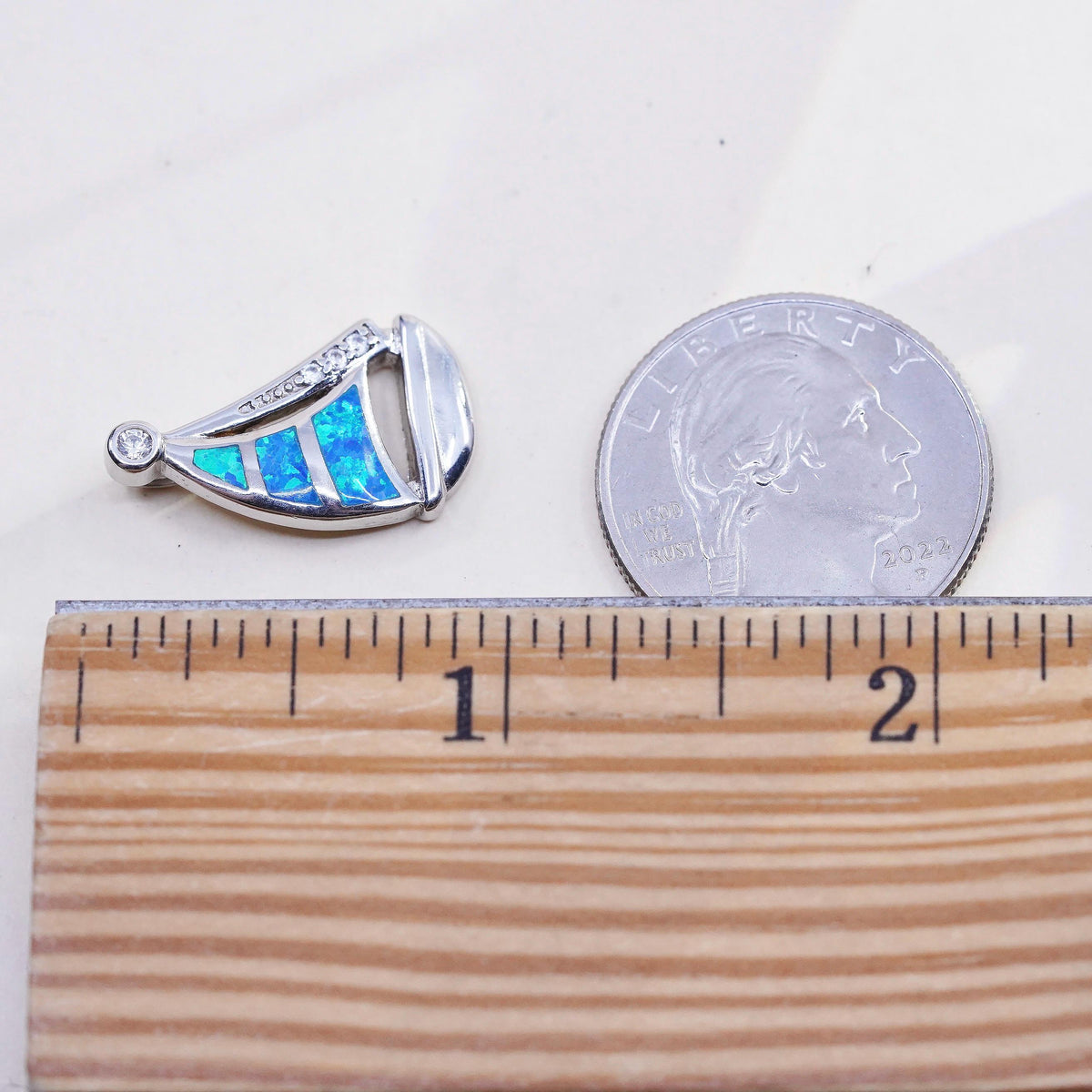 Vintage sterling silver handmade pendant, 925 silver sailing boat opal inlay cz