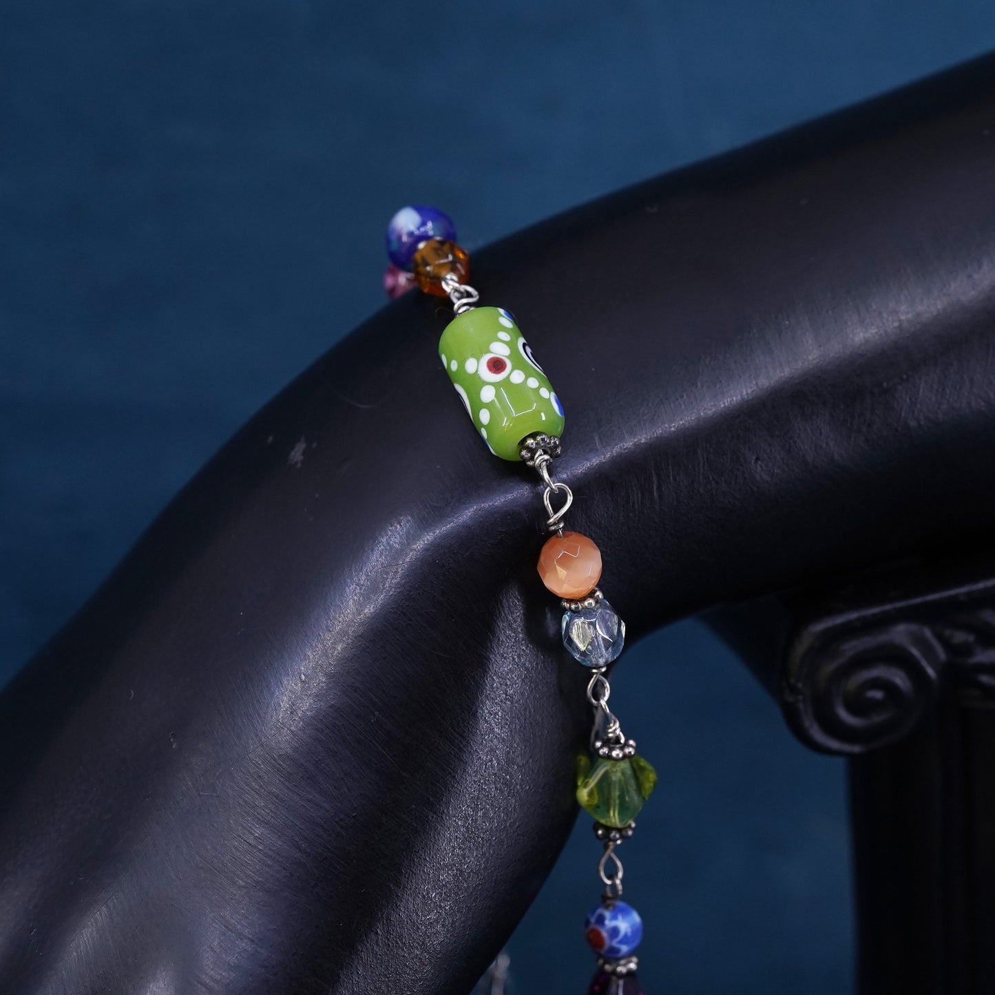 9.5", handmade brass bracelet, brass toggle closure with colorful glass beads