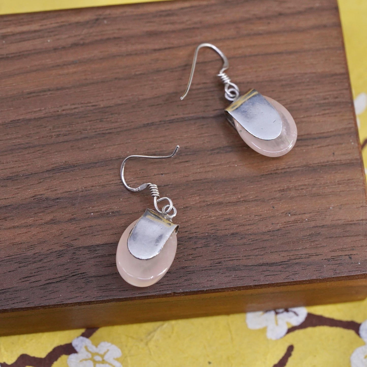 Vintage Sterling 925 silver handmade earrings with pink rose quartz