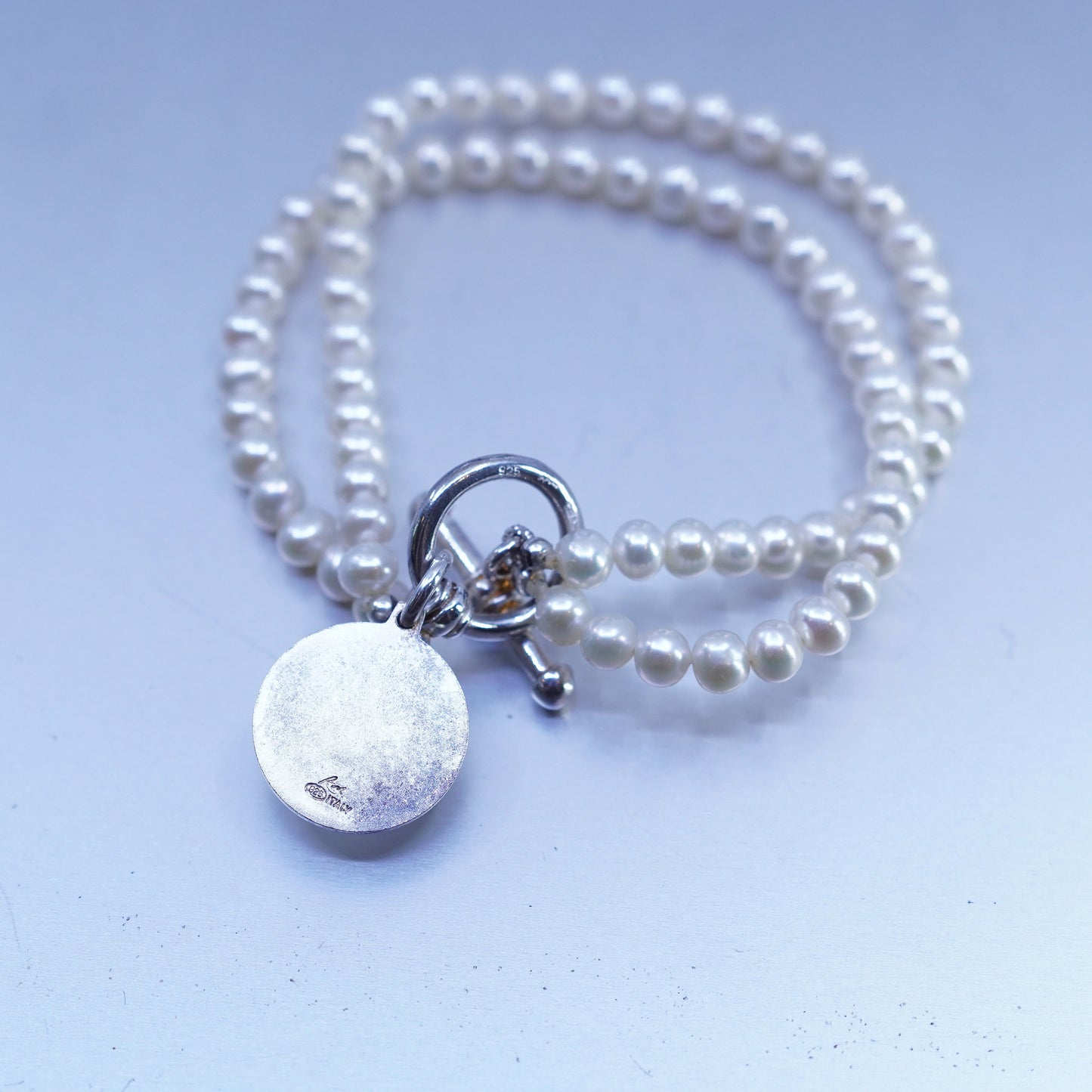 7.25”, RM Sterling 925 silver bracelet freshwater pearl beads and Angel tag
