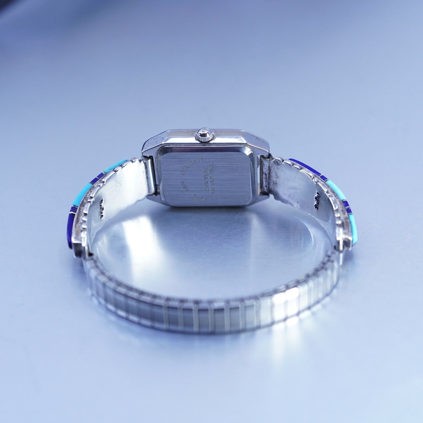 5.75”, Navajo Quartz Watch Sterling 925 silver Lapis Face Silvertone Metal Band