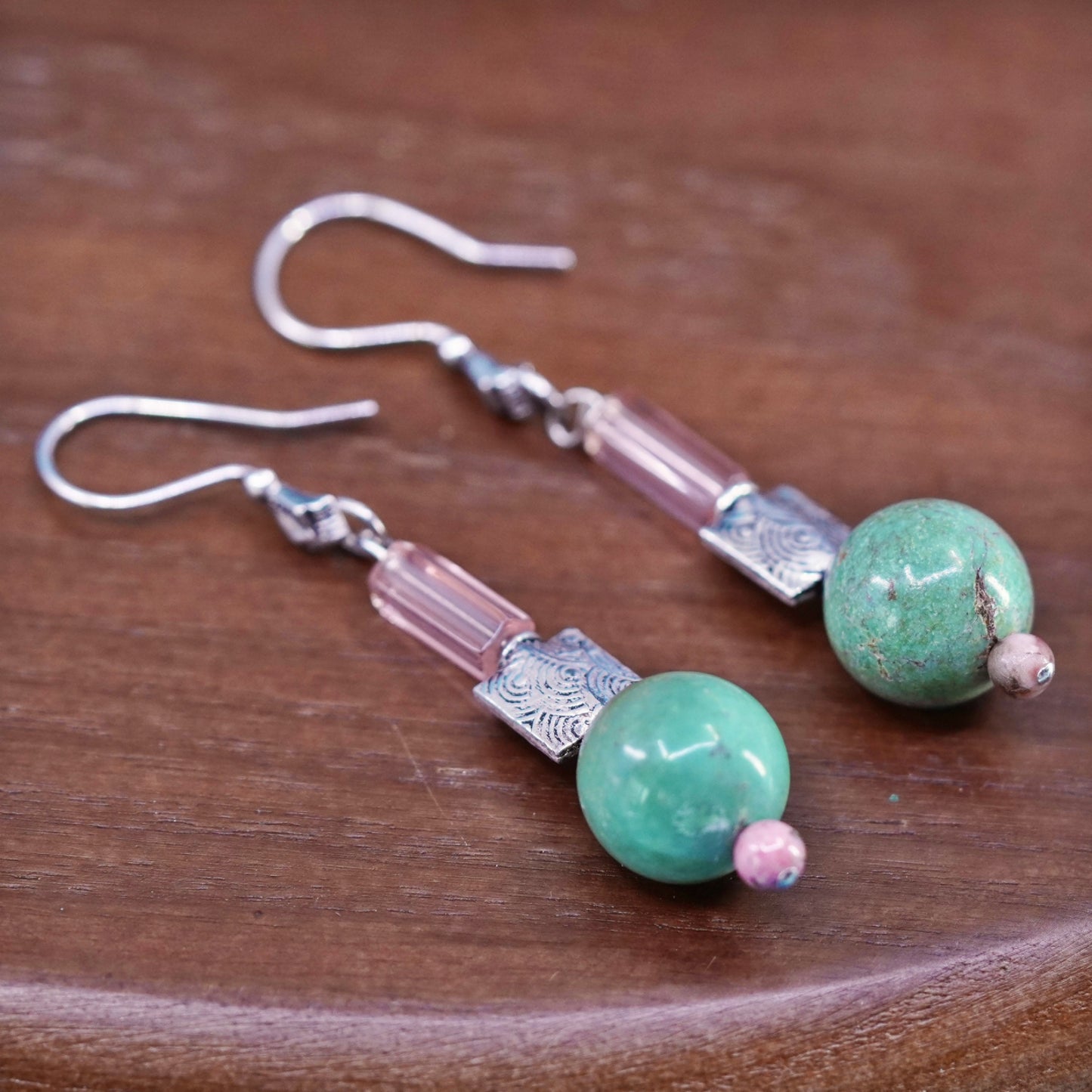 2”, sterling silver handmade earrings, 925 hooks with turquoise pink crystal