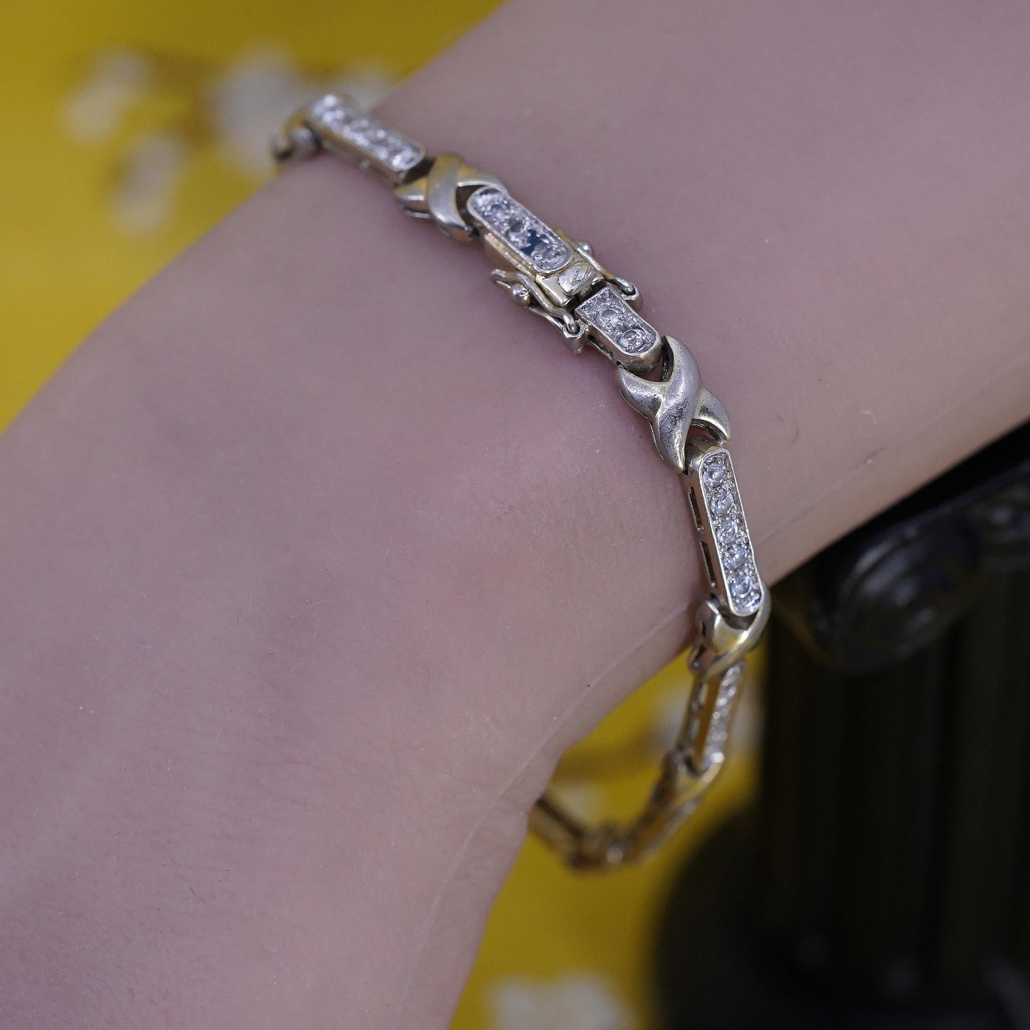7.5”, vintage Sterling silver tennis bracelet, 925 bar link chain with cz