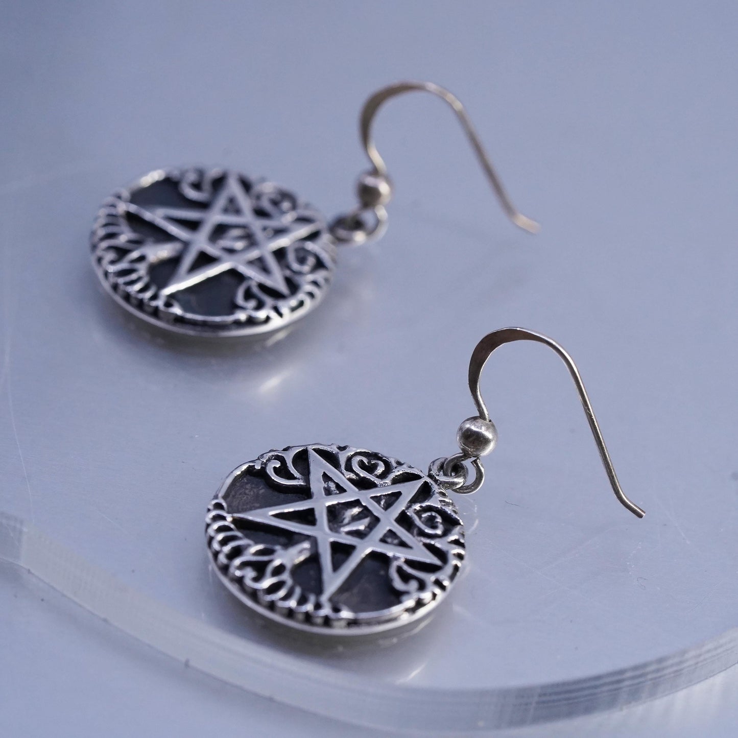 P. Borda 925 Sterling Silver Pentagram Star Earrings, Tree of Life inlay Gothic
