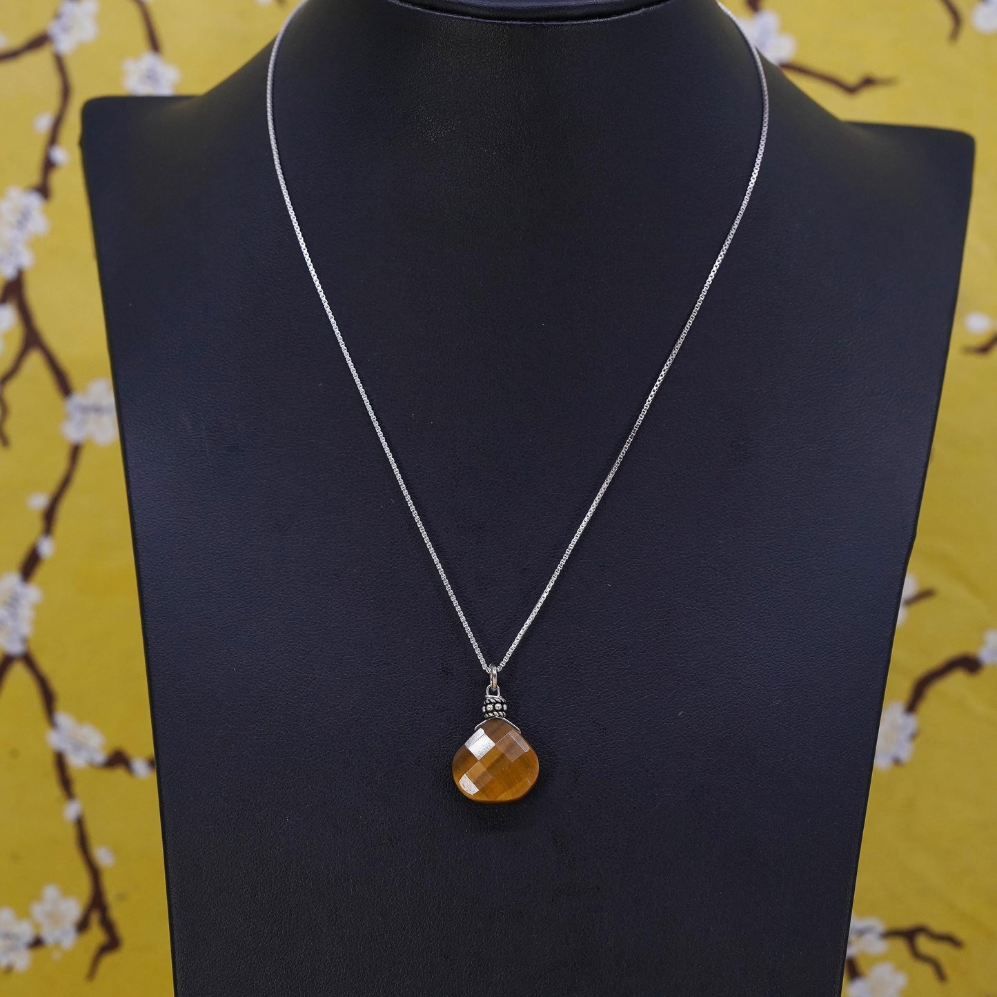 16", vintage Sterling silver box chain necklace 925 golden tiger eye pendant