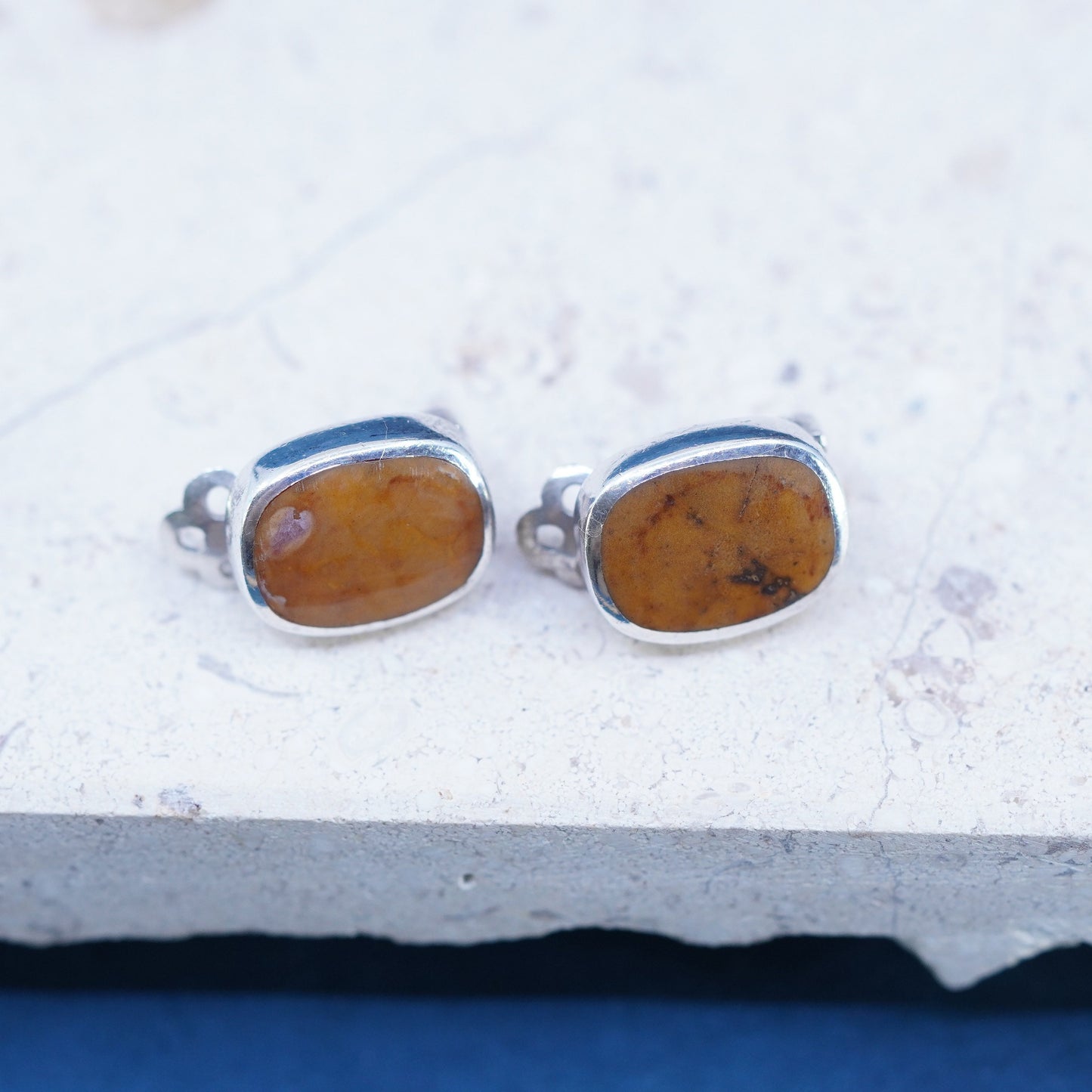 Vintage PB sterling silver handmade earrings, 925 square clip on with jasper