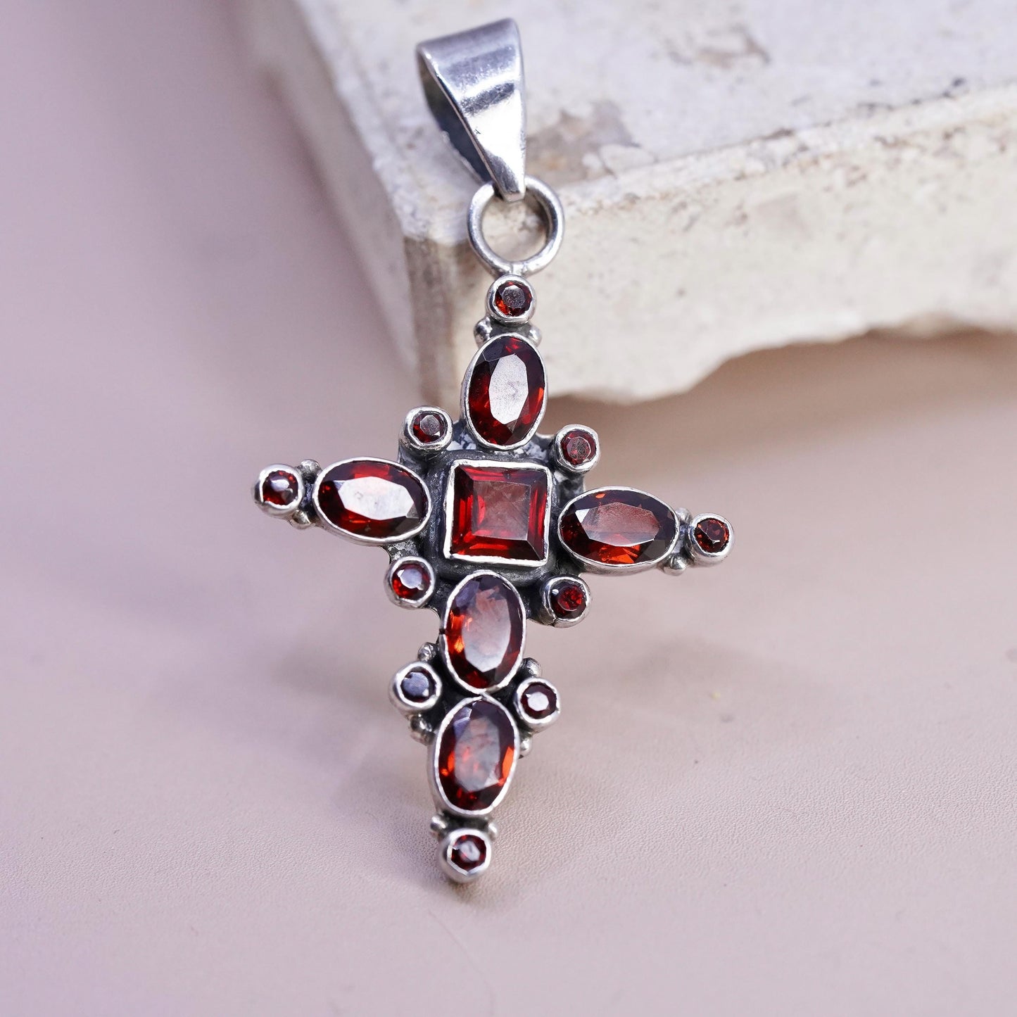 Vintage Sterling silver handmade pendant, 925 cluster ruby cross, stamped 925