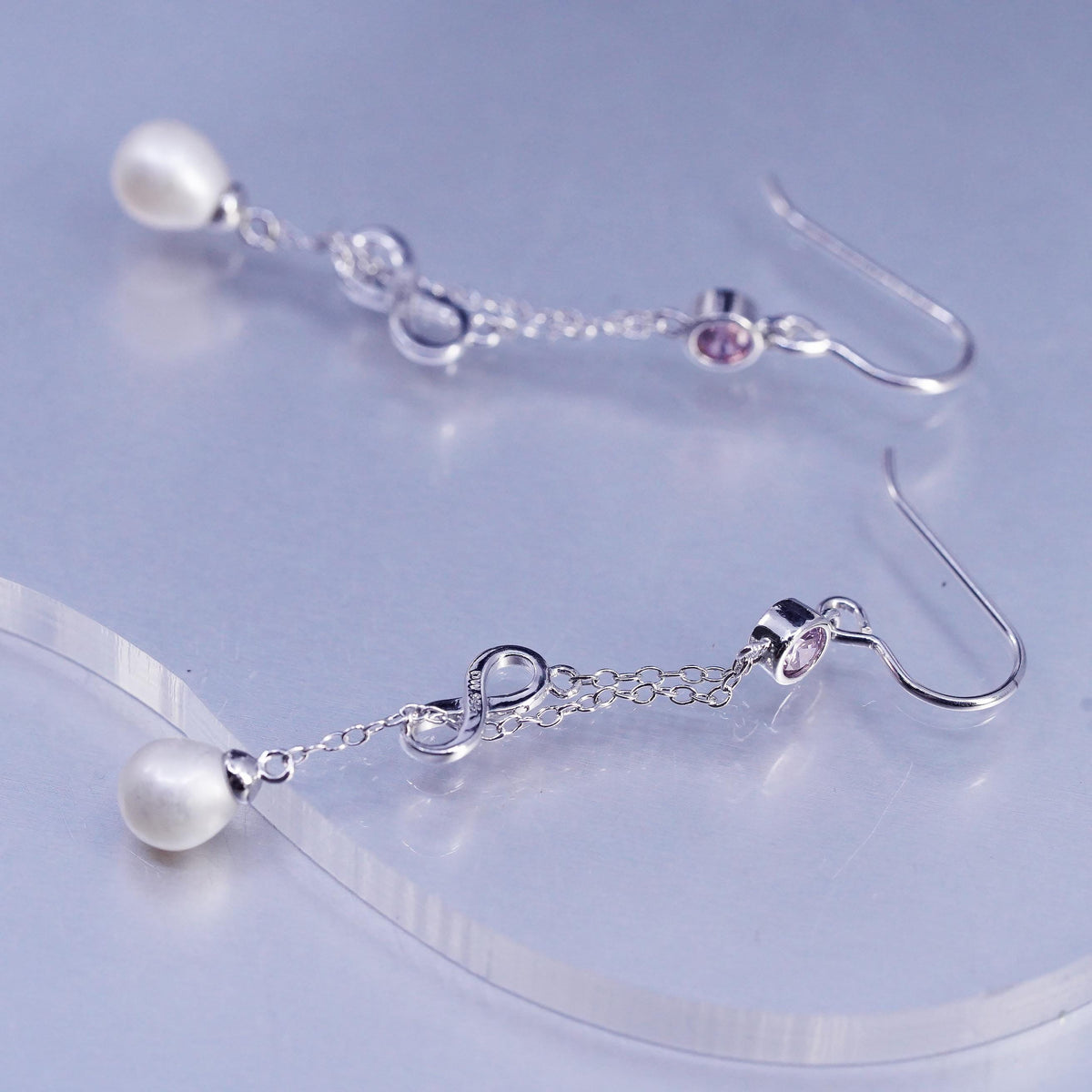 1.5", Vintage Sterling 925 silver long earrings infinity charm pearl beads